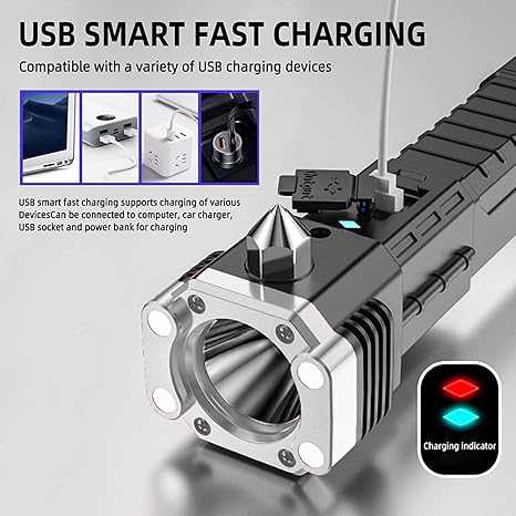 MS-Trading RL-2210 Multifunctional Emergency Flashlight – 1KM Range, USB Rechargeable, All-in-One Tactical Torch