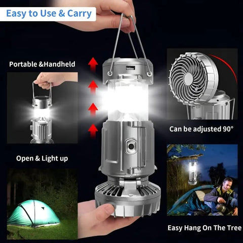 Multifunctional Camping Lantern & Fan – Portable LED Light with Detachable Fan, USB Rechargeable